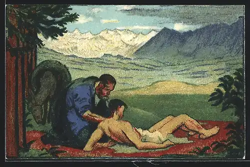 Künstler-AK Schweizer Bundesfeier 1917, für das schweizer Rote Kreuz, Versorgung eines Verletzten