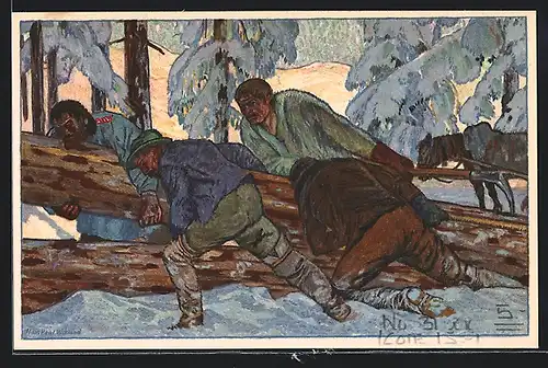 AK Schweizer Bundesfeier 1920, Männer bei Holzarbeiten im Wald
