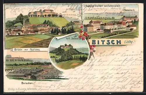 Lithographie Bitsch /Lothr., Ortsansicht mit Festung und Kaserne Freiherr von Falkenstein