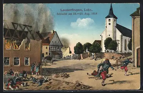 Künstler-AK Lauterfingen /Lothr., Schlacht 1914, Brennendes Haus und Kirche mit Soldaten