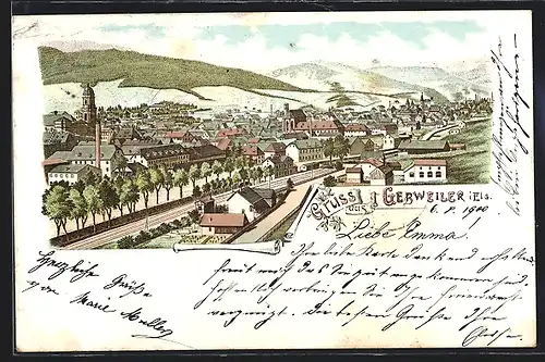 Lithographie Gebweiler i. Els., Teilansicht mit Kirche