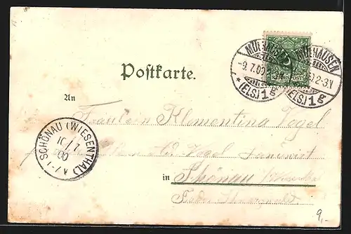 Lithographie Mülhausen i. E., Flusspartie und Totalansicht