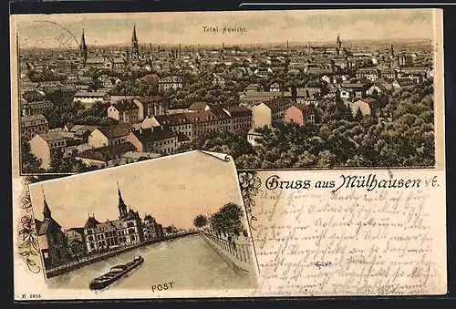 Lithographie Mülhausen, Panoramablick vom Berg, Ortspartie am Fluss