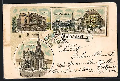 Lithographie Mülhausen, Theater, Markt und Markthalle, Evangelische Kirche