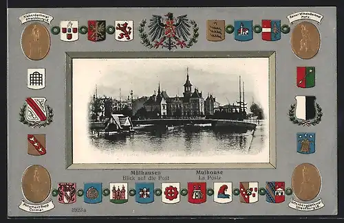 AK Mühlhausen / Moulhouse, Blick auf die Post, La Poste, Wappen