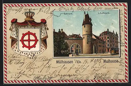 Lithographie Mülhausen / Mulhouse, Bollwerk, le Bollwerk, Wappen
