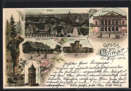 Lithographie Colmar, Theater, Lehrer-Seminar, Infanterie-Kaserne