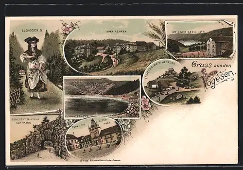 Lithographie Türkheim /Vogesen, Schlucht mit Villa Hartmann, Weisser See und Hotel, Altes Tor