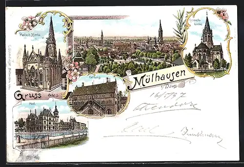 Lithographie Mülhausen, Protest. Kirche, Post, Rathaus, Genovefa-Kirche