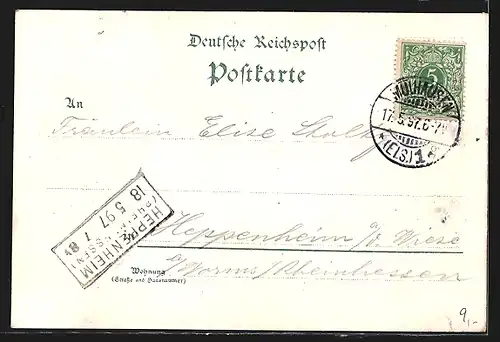 Lithographie Mülhausen, Protest. Kirche, Post, Rathaus, Genovefa-Kirche