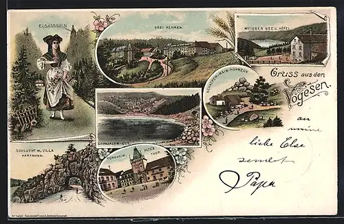 Lithographie Türkheim /Vogesen, Schlucht mit Villa Hartmann, Weisser See und Hotel, Altes Tor
