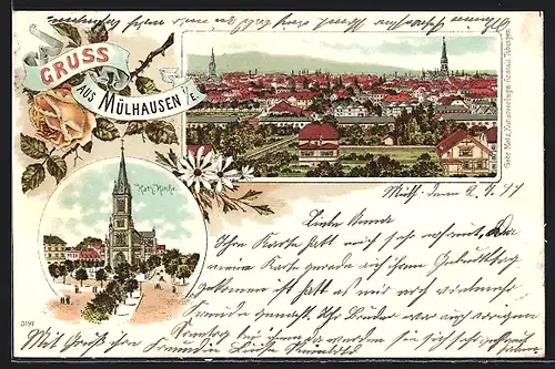 Lithographie Mülhausen i. E., Teilansicht, Katholische Kirche