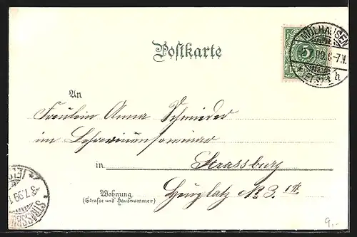 Lithographie Mülhausen i. E., Teilansicht, Katholische Kirche