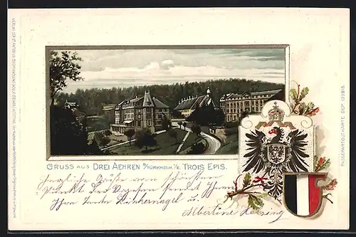 Lithographie Drei Aehren b. Türkheim, Ortspartie mit Kirche, Wappen, Passepartout