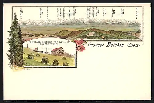 Lithographie Grosser Belchen /Elsass, Gasthaus Belchenkopf Eduard Wolf, Bergpanorama mit Eiger, Mönch und Jungfrau