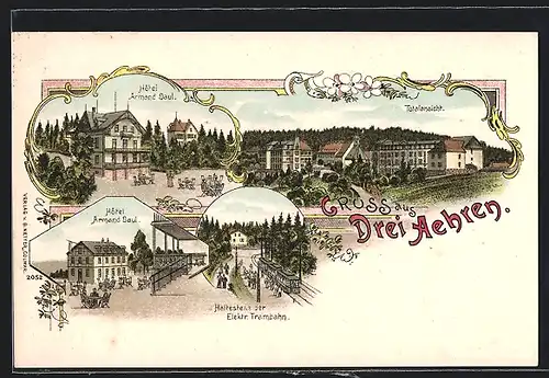 Lithographie Drei Aehren, Hotel Armand Daul, Haltestelle an der Elektr. Trambahn, Totalansicht