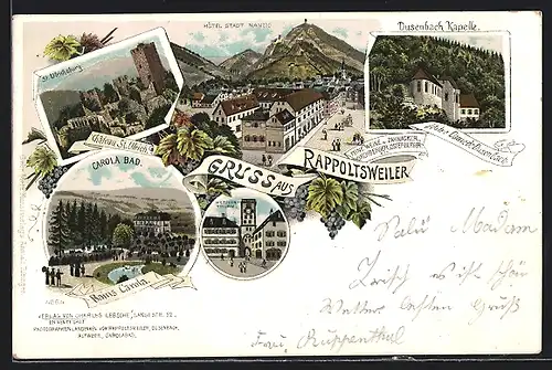 Lithographie Rappoltsweiler, Hotel Stadt Nanzig, Carola Bad und Dusenbach Kapelle