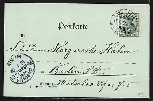 Mondschein-Lithographie Mülhausen i. E., St. Stephans-Kirche, Rathaus, Friedensstrasse