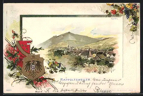 Präge-AK Rappoltsweiler, Panorama, Wappen, Passepartout