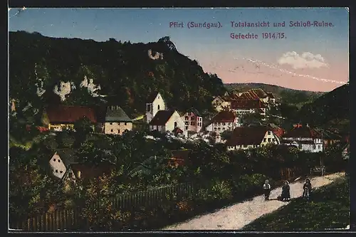 AK Pfirt /Sundgau, Totalansicht und Schloss-Ruine, Gefechte 1914-15