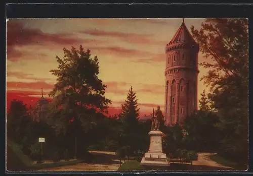 Künstler-AK Colmar i. Elsass, Wasserturm und Bartholdi-Denkmal bei Sonnenuntergang