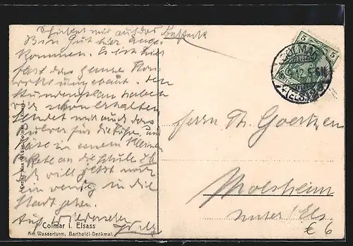 Künstler-AK Colmar i. Elsass, Wasserturm und Bartholdi-Denkmal bei Sonnenuntergang