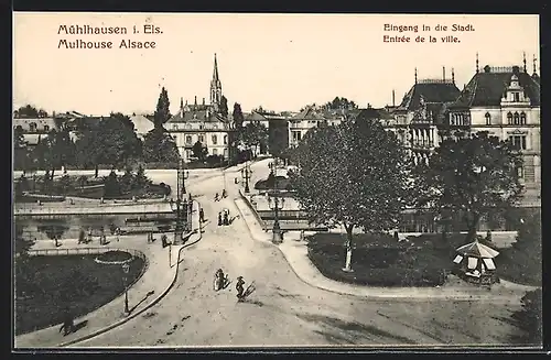 AK Mühlhausen i. Els., Eingang in die Stadt mit Kirche