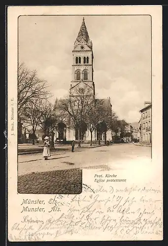 AK Münster /Els., Strassenpartie mit prot. Kirche