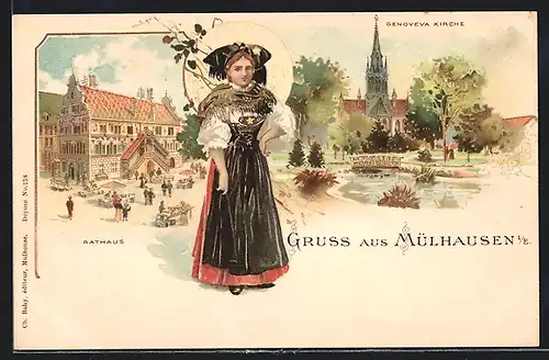 Lithographie Mülhausen, Genoveva Kirche, Rathaus, Frau in Tracht