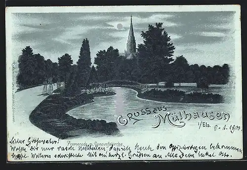 Mondschein-Lithographie Mülhausen i. Els., Promenade m. Genovefakirche