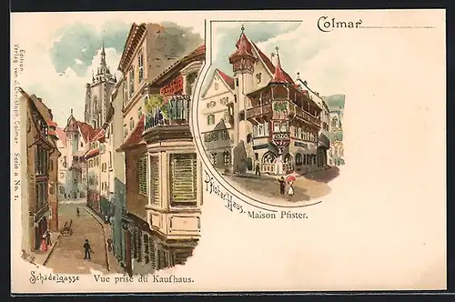 Lithographie Colmar, Schädelgasse, Pfisterhaus