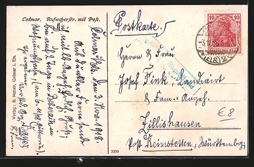 AK Colmar, Rufacher Strasse mit Post