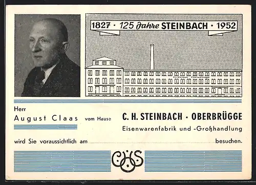 AK Oberbrügge i. W., Eisenwarenfabrik und Grosshandlung C. H. Steinbach, Besuchsanzeige eines Vertreters