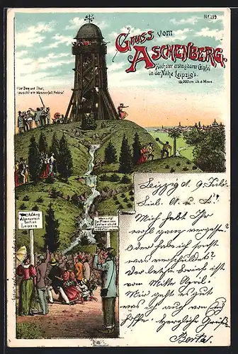 Lithographie Leipzig, Aschenberg mit Wanderern und Aussichtsturm