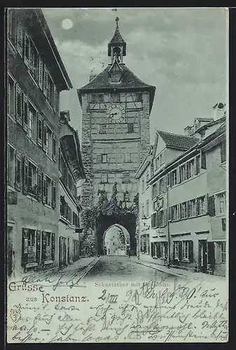 Mondschein-AK Konstanz, Schnetzthor mit Husshaus