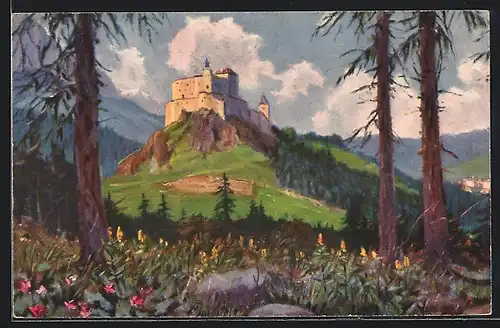 Künstler-AK Tarasp, Schloss mit Umgebung