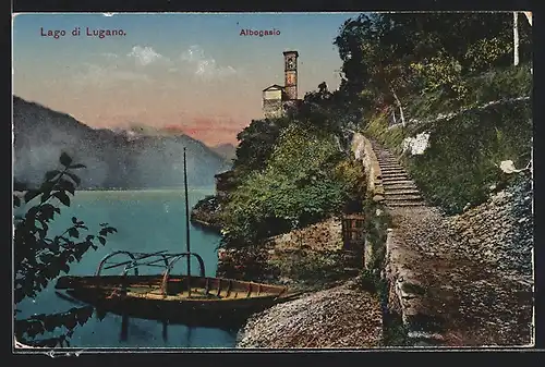 AK Albogasio /Lago di Lugano, Ortspartie mit Turm am See