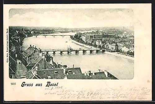 AK Basel, Teilansicht mit Brücken aus der Vogelschau