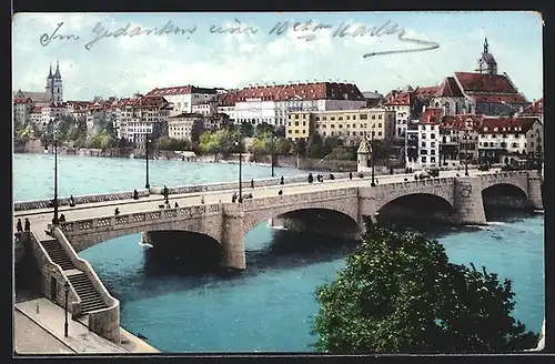 AK Basel, Mittlere Rheinbrücke aus der Vogelschau