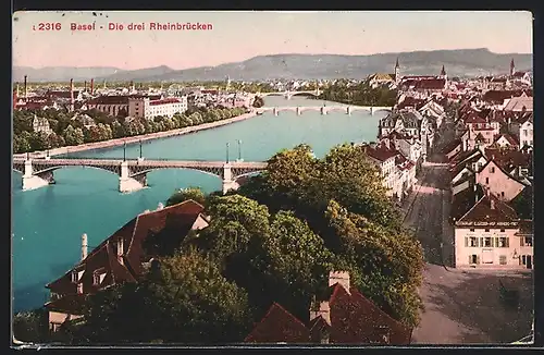 AK Basel, Die drei Rheinbrücken