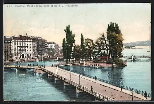 AK Genève, Pont des Bergues et Ile J.-J. Rousseau