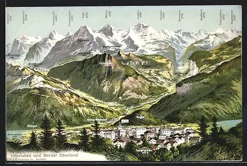 AK Interlaken, Gesamtansicht mit Berner Oberland und Bergpanorama