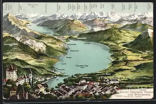 AK Thun, Gesamtansicht mit Blick auf den Thuner See, Blick auf das Berner Oberland mit Jungfrau, Mönch und Eiger
