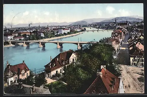 AK Basel, Teilansicht mit den 3 Rheinbrücken