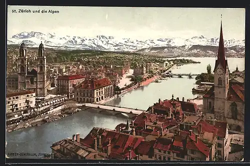 AK Zürich, Teilansicht mit Alpenblick