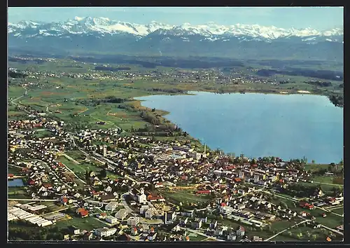 AK Pfäffikon, Ortsansicht am See mit den Glarner Alpen, Fliegeraufnahme