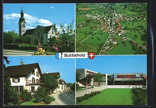 AK Buttisholz, Ortsansicht vom Flugzeug aus, Kirche, Schulgebäude mit Schulhof