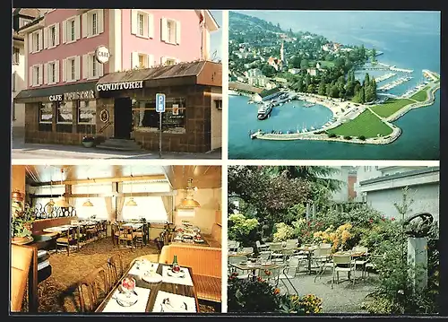 AK Romanshorn, Café-Conditorei Pfister mit Innenraum und Terrasse, Ortsansicht vom Flugzeug aus