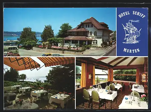 AK Murten, Das Hotel Schiff mit Seeblick, Terrasse und Innenraum