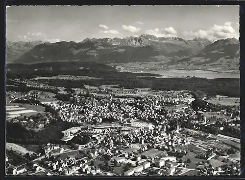 AK Rüti, Ortsansicht mit Blick in die Alpen, Fliegeraufnahme